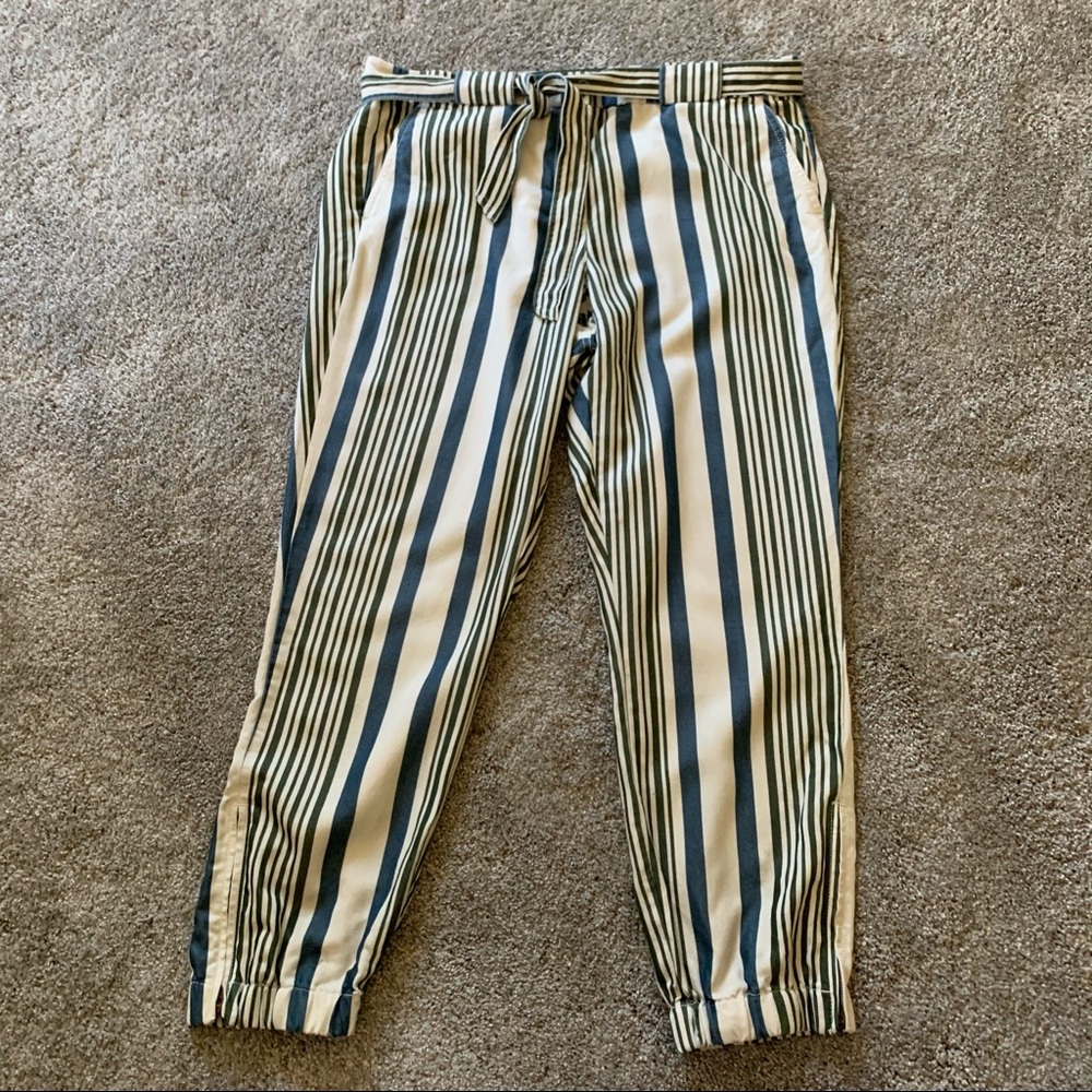 Ankle Pants - Olive green, blue, cream striped loose sash tie belt pockets